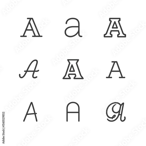 Font Style Icons Grid. Outline icon set of font styles in advertising: serif font, sans-serif font, slab-serif font, script font,