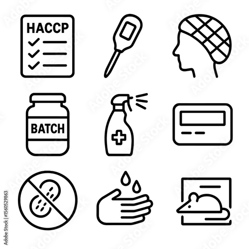 Food Safety Icons. Outline icon set of food safety quality checklist: HACCP chart, thermometer probe, hairnet icon, batch sample