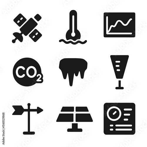 Climate Monitoring Icons. Solid, Filled icon set of climate monitoring: weather satellite, thermometer buoy, climate graph, CO₂