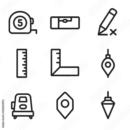 Measuring Tools Icons. Outline icon set of measuring and marking tools: measuring tape, level bubble, pencil mark, ruler, square,