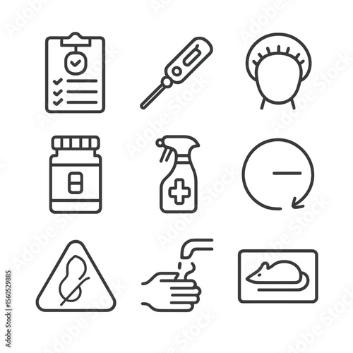 Food Safety Icons. Outline icon set of food safety quality checklist: HACCP chart, thermometer probe, hairnet icon, batch sample