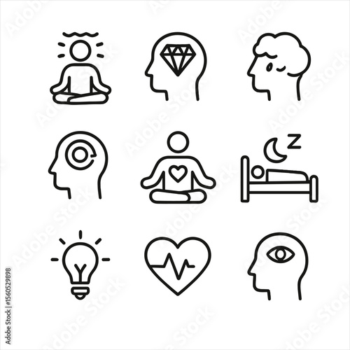 Meditation Benefits Icons. Outline icon set of meditation benefits: calm mind, clarity icon, reduced stress, improved focus,