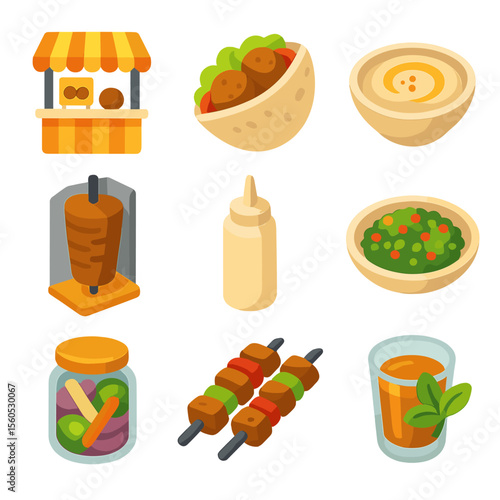 Middle Eastern Food Icons. Isometric Flat icon set of Middle Eastern street food: falafel stand, pita pocket, hummus bowl,