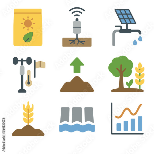 Climate-Smart Agriculture Icons. Flat icon set of climate-smart agriculture: heat-tolerant seed packet, drought sensor,