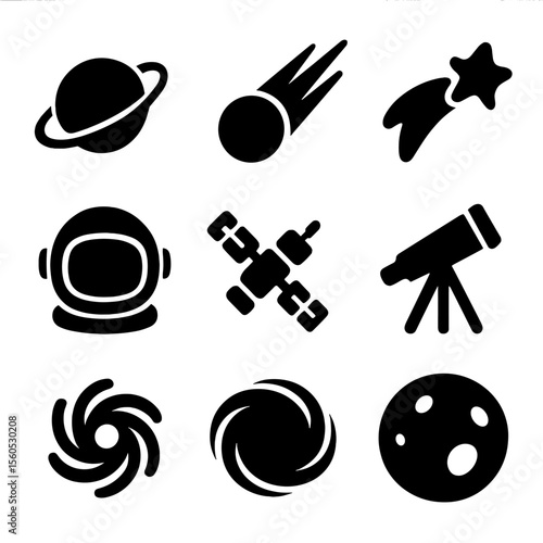 Cosmic Icon Collection. Solid, filled icon set of cosmic theme: planet, comet, shooting star, astronaut helmet, satellite,