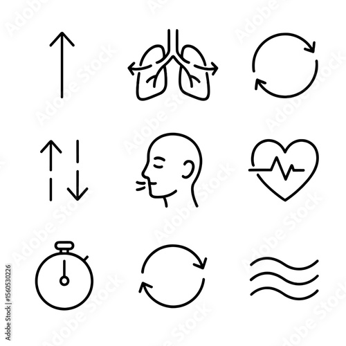 Mindful Breathing Icons. Outline icon set of mindful breathing: breath arrow, lungs with airflow, breathing cycle diagram, inhale