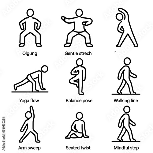 Mindful Movement Icons. Outline icon set of mindful movement practices: qigong stance, tai chi form, gentle stretch, yoga flow,