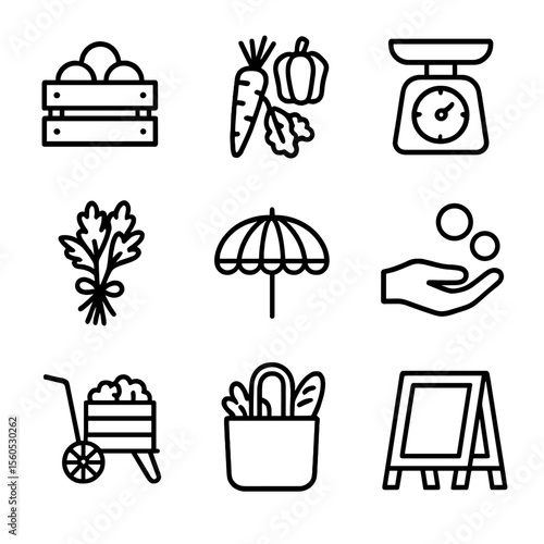 Fresh Produce Icons. Outline icon set of fresh produce bazaar morning rush: fruit crate, vegetable bundle, weighing scale, herb