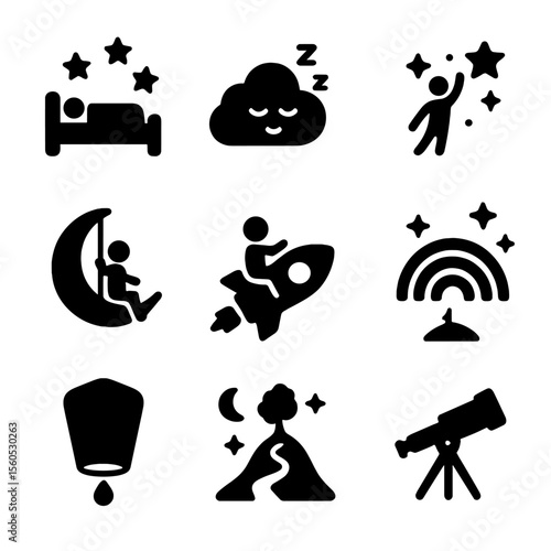 Cosmic Dreams Icons. Solid, filled icon set of cosmic dreams and fantasy: sleeping under stars, dream cloud, wish upon star, moon