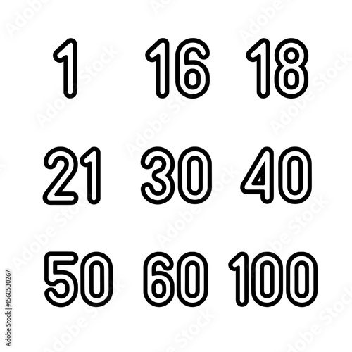 Milestone Number Icons. Outline icon set of age milestone numbers: number 1, number 16, number 18, number 21, number 30, number 40
