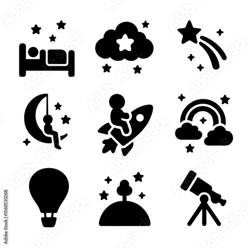 Cosmic Dreams Icons. Solid, filled icon set of cosmic dreams and fantasy: sleeping under stars, dream cloud, wish upon star, moon
