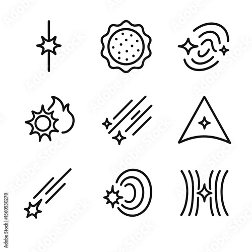 Cosmic Phenomena Icons. Outline icon set of Cosmic Phenomena and Events: gamma-ray burst, cosmic microwave background,