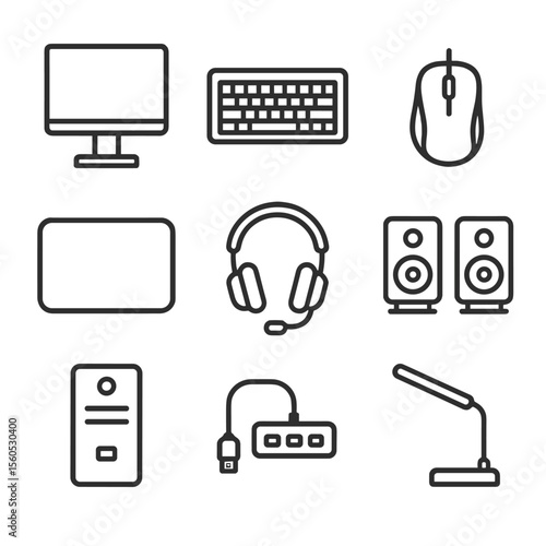 Gaming Desk Icon Set. Outline icon set of PC gaming desk: monitor, mechanical keyboard, gaming mouse, large mousepad, wired