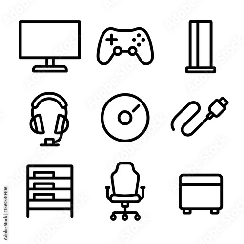 Gaming Console Icon Set. Outline icon set of console gaming corner: TV screen, game controller, console unit, headset stand, game