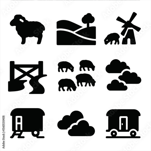 Countryside Icon Set. Solid, filled icon set of sheep and countryside: rolling hills, lone tree, sheep grazing, windmill, dirt