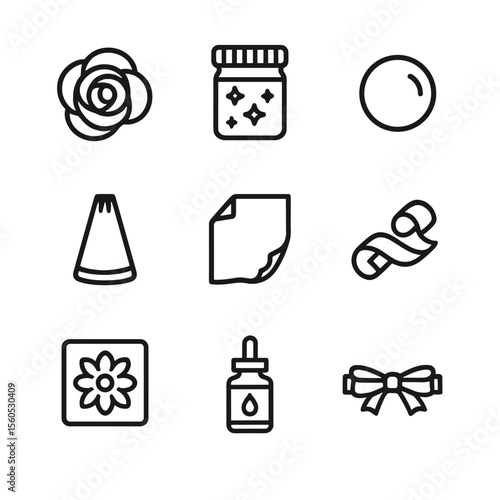 Mini Cake Icon Set. Outline icon set of mini cake decorations: fondant rose, edible glitter jar, sugar pearl, piping nozzle, gold