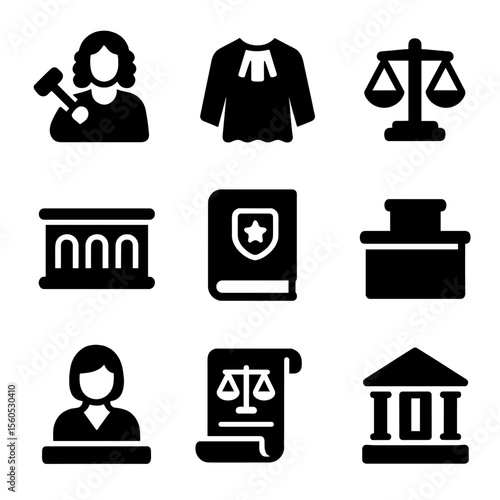 Courtroom Icon Set. Solid, filled icon set of judges and courtroom roles: judge with gavel, judicial robe, scales of justice,