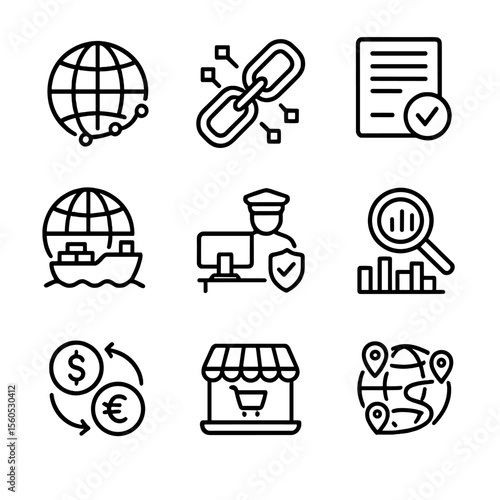 Future Trade Icons. Outline icon set of The future of global trade in a digital economy: digital globe, blockchain link, online