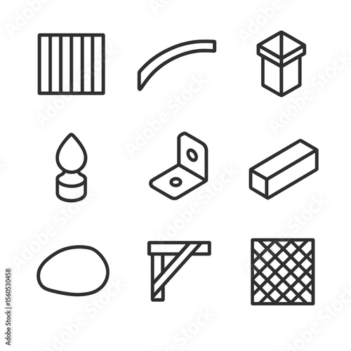 Garden Bridge Icons. Outline icon set of garden bridge details: slatted deck, curved handrail, post cap, decorative finial,
