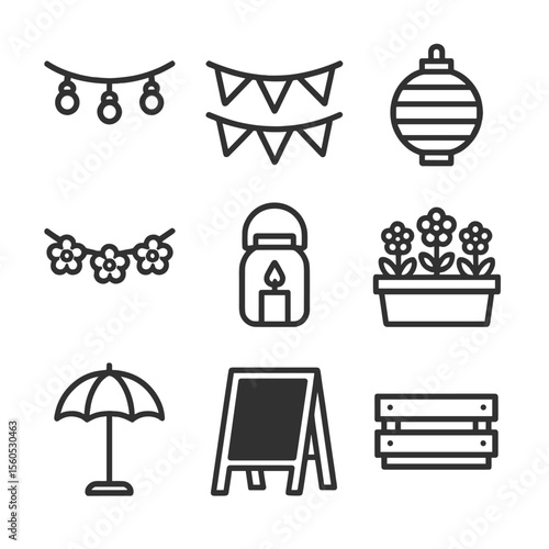 Garden Party Icon Set. Outline icon set of garden party decor: string lights, bunting flag, paper lantern, flower garland, candle