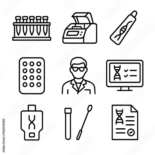 Molecular Diagnostics Icons. Outline icon set of molecular diagnostics: PCR tube rack, qPCR machine, probe probe icon, biomarker
