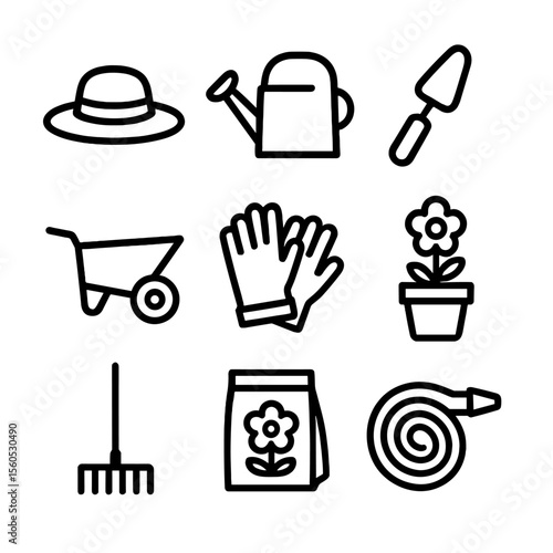 Garden Tools Icons. Outline icon set of garden work with a straw hat: straw hat, watering can, trowel, wheelbarrow, gardening
