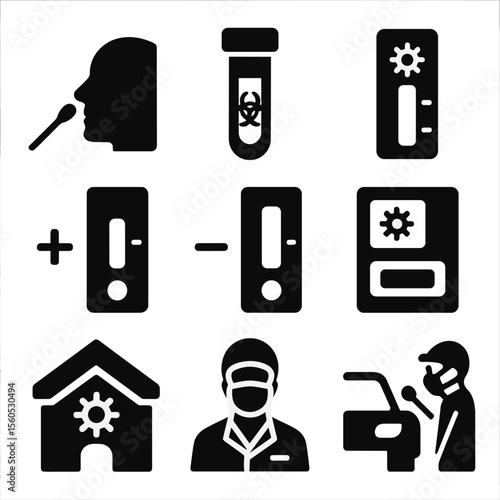 COVID-19 Testing Icons. Solid, filled icon set of COVID-19 testing process: nasal swab, test tube, rapid test kit, positive result