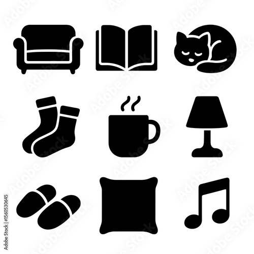 Cozy Home Icons. Solid, filled icon set of relaxed home moments: couch, open book, cat curled up, cozy socks, warm tea, soft