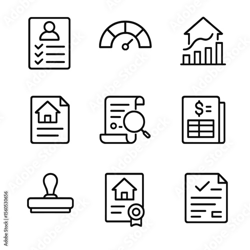 Mortgage Icons Set. Outline icon set of Mortgage Approval and Underwriting: underwriter’s checklist, credit score gauge, income-to