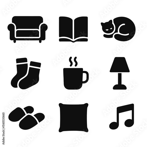 Cozy Home Icons. Solid, filled icon set of relaxed home moments: couch, open book, cat curled up, cozy socks, warm tea, soft