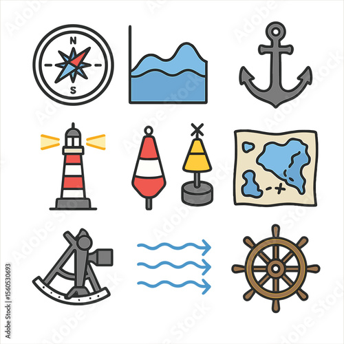 Coastal Navigation Icons. Flat icon set of coastal navigation and tides: compass rose, tide chart, anchor, lighthouse, buoys,
