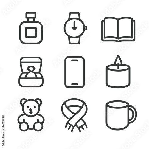 Gift Icon Set. Outline icon set of popular gift categories: perfume bottle, wristwatch, book, jewelry box, smartphone, scented
