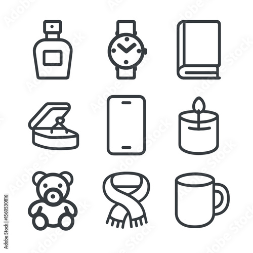Gift Icon Set. Outline icon set of popular gift categories: perfume bottle, wristwatch, book, jewelry box, smartphone, scented