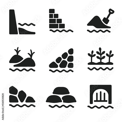 Coastal Protection Icons. Solid, filled icon set of coastal protection methods: seawall, groyne, beach nourishment, dune