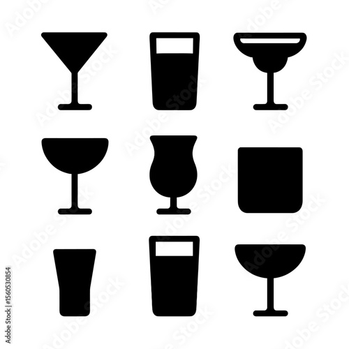 Cocktail Glass Icons. Solid, filled icon set of cocktail glasses: martini glass, highball glass, margarita glass, coupe glass,