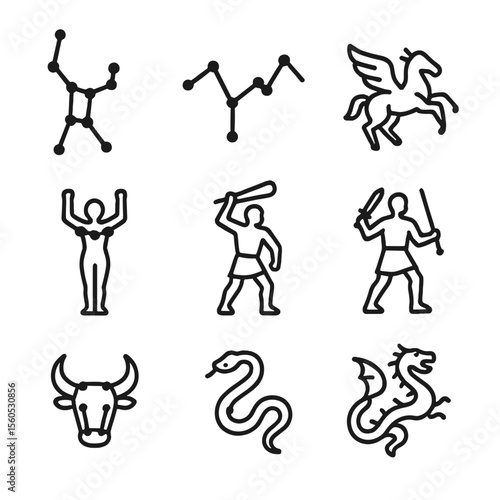 Mythological Constellation Icons. Outline icon set of mythological constellations in astronomy: Orion’s belt, Cassiopeia star