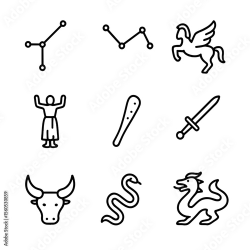 Mythological Constellation Icons. Outline icon set of mythological constellations in astronomy: Orion’s belt, Cassiopeia star