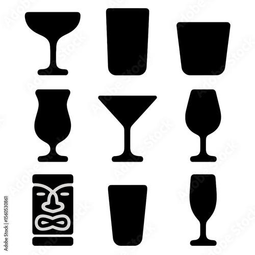 Cocktail Glass Icons. Solid, filled icon set of cocktail glasses: coupe glass, highball glass, lowball glass, hurricane glass,