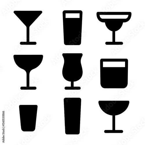 Cocktail Glass Icons. Solid, filled icon set of cocktail glasses: martini glass, highball glass, margarita glass, coupe glass,