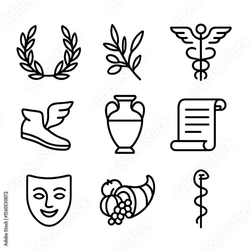 Mythological Symbols Icons. Outline icon set of mythological symbols and attributes: laurel wreath, olive branch, caduceus, winged