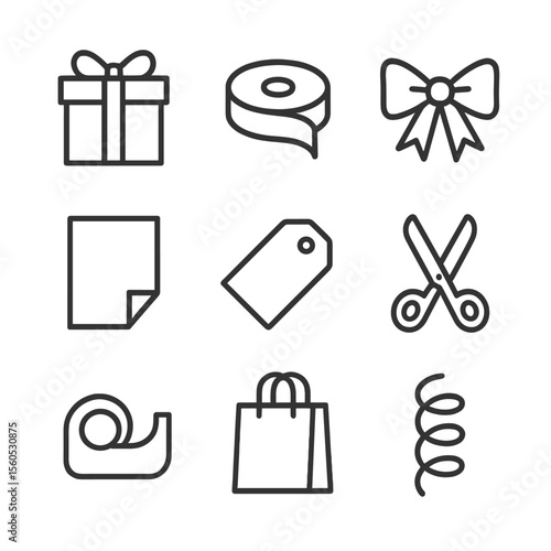 Gift Wrapping Icons. Outline icon set of gift wrapping accessories: gift box, ribbon roll, decorative bow, wrapping paper sheet,