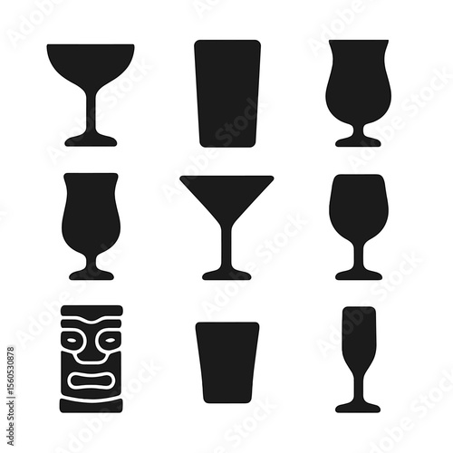 Cocktail Glass Icons. Solid, filled icon set of cocktail glasses: coupe glass, highball glass, lowball glass, hurricane glass,