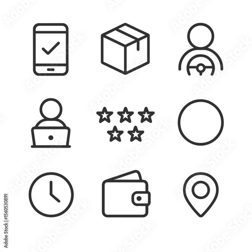 Gig Economy Icons. Outline icon set of gig economy and freelancing: smartphone gig app, delivery box, driver profile, freelancer