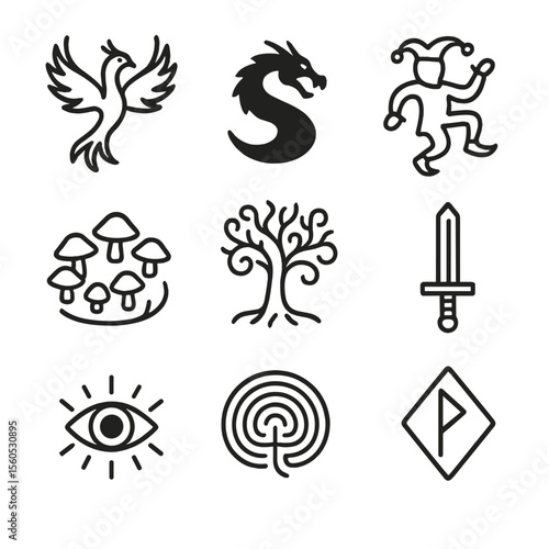 Mythology Icon Set. Outline icon set of mythology and folklore in art: phoenix bird, dragon silhouette, trickster figure, fairy