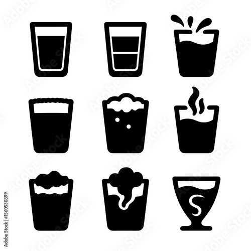 Cocktail Layering Icons. Solid, filled icon set of cocktail layering techniques: gradient drink, floated layer, splash effect,