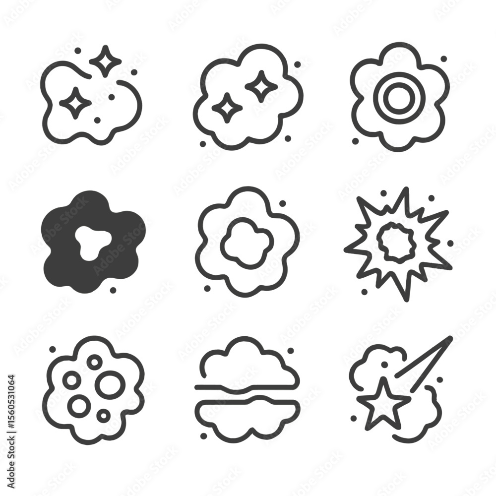Nebula Icon Set. Outline icon set of nebulae and interstellar medium: emission nebula, reflection nebula, planetary nebula, dark Nebula Icon Set. Outline icon set of nebulae and interstellar medium: emission nebula, reflection nebula, planetary nebula, dark