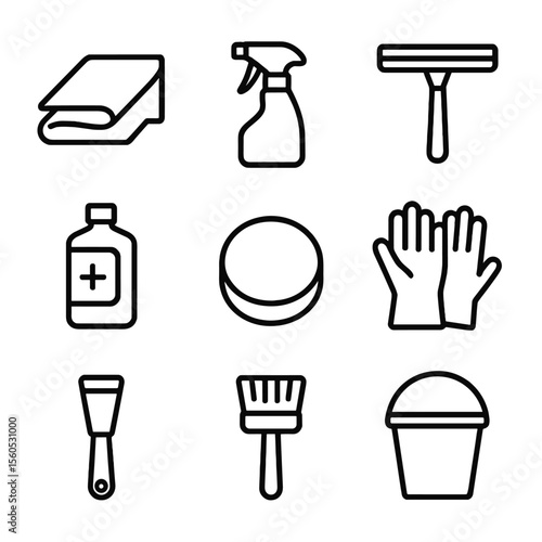 Glass Cleaning Tools Icons. Outline icon set of glass tabletop maintenance tools: microfibre cloth, spray bottle, squeegee,