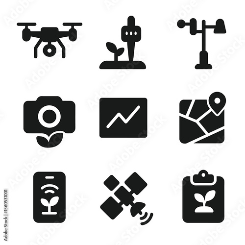 Crop Monitoring Icons. Solid, filled icon set of crop monitoring tools: drone, soil sensor, weather station, crop camera, data