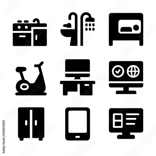 Crew Activity Icons. Solid, filled icon set of crew activity modules: galley unit, hygiene station, sleeping pod, exercise machine