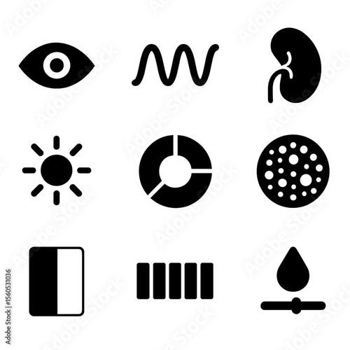 Color Perception Icons. Solid, filled icon set of color perception: eye icon, light wave, retina, brightness meter, chromatic